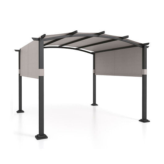 10 x 10 ft Outdoor Pergola Modern Arched Patio Garden Shelter with Retractable Sunshade Canopy-Beige