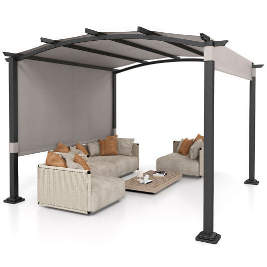 10 x 10 ft Outdoor Pergola Modern Arched Patio Garden Shelter with Retractable Sunshade Canopy-Beige