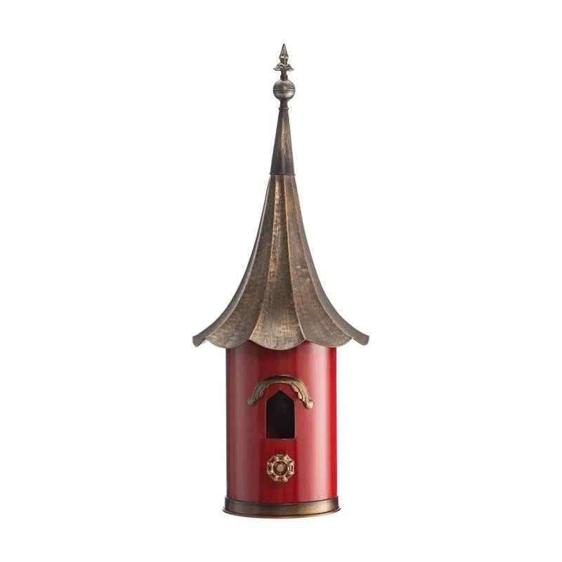 Outdoor Red Metal Bird House with Vintage Bronze Phonograph Style Roof