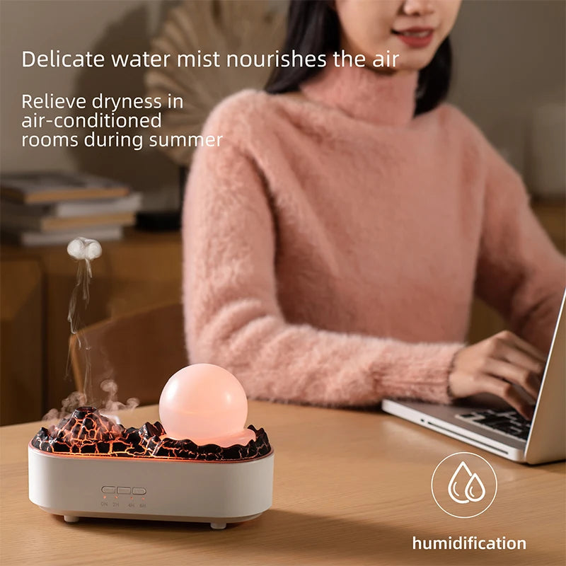 Lava Volcano Humidifier USB Aroma Diffuser with Flame Lamp Mini