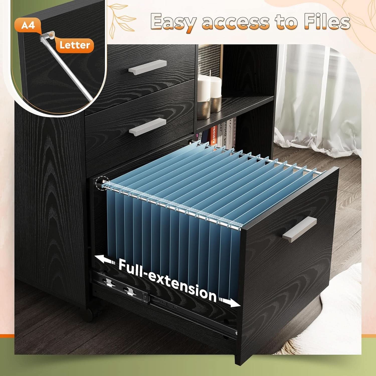 Three Drawer Wood File Cabinet With Lock Black Finish