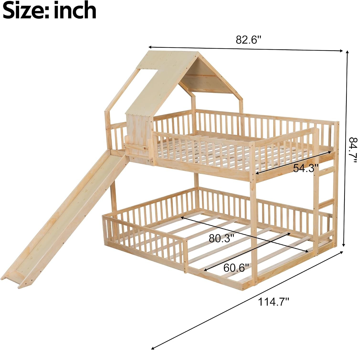 Natural Solid Wood Extra Large Over Queen Bunk Bed Slide