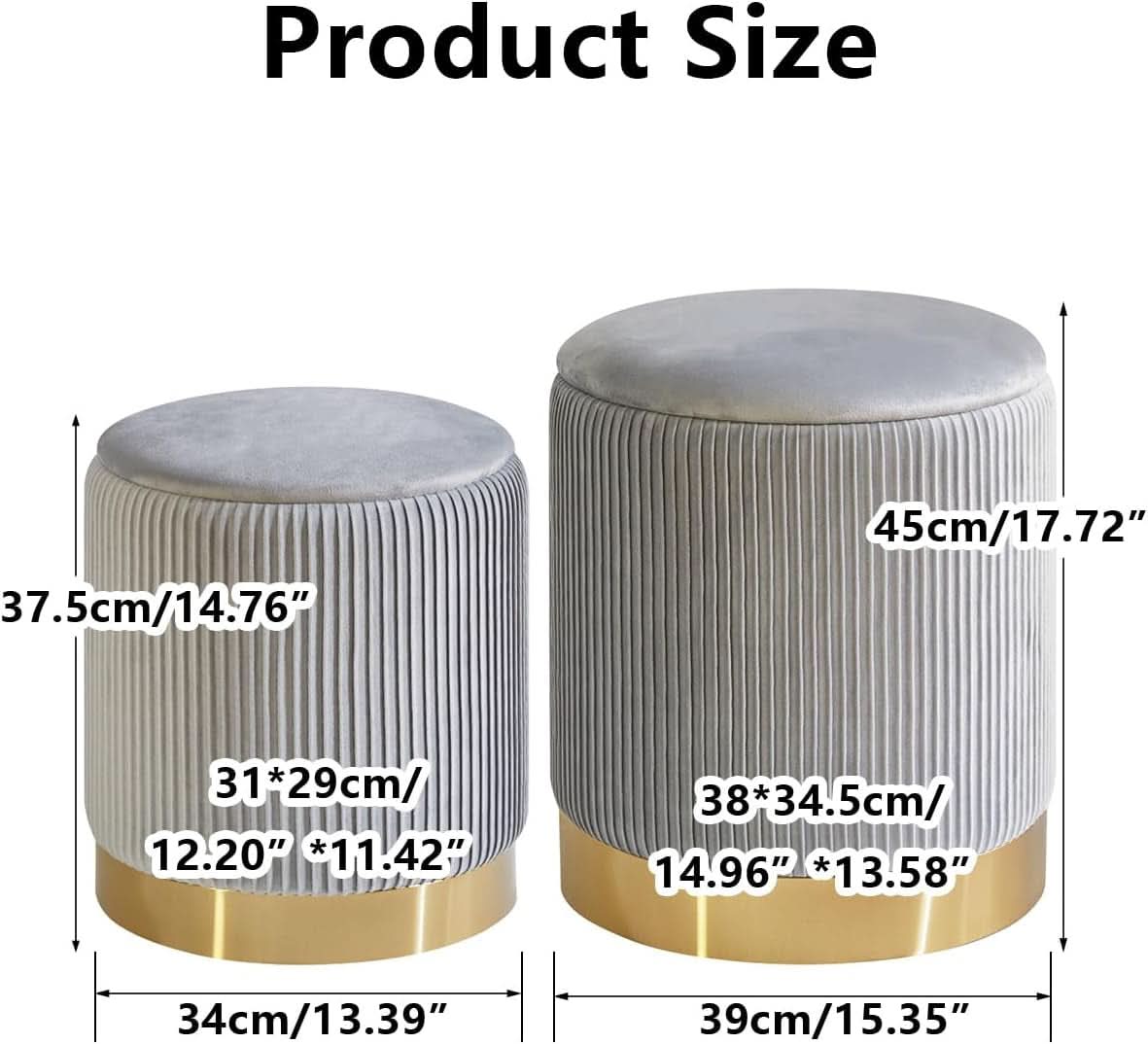 Round Storage Ottoman TwoPack Gray Velvet Upholstered