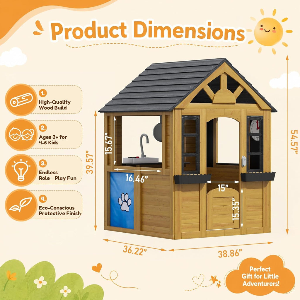 Kids Outdoor Wooden Playhouse With Kitchen Playground