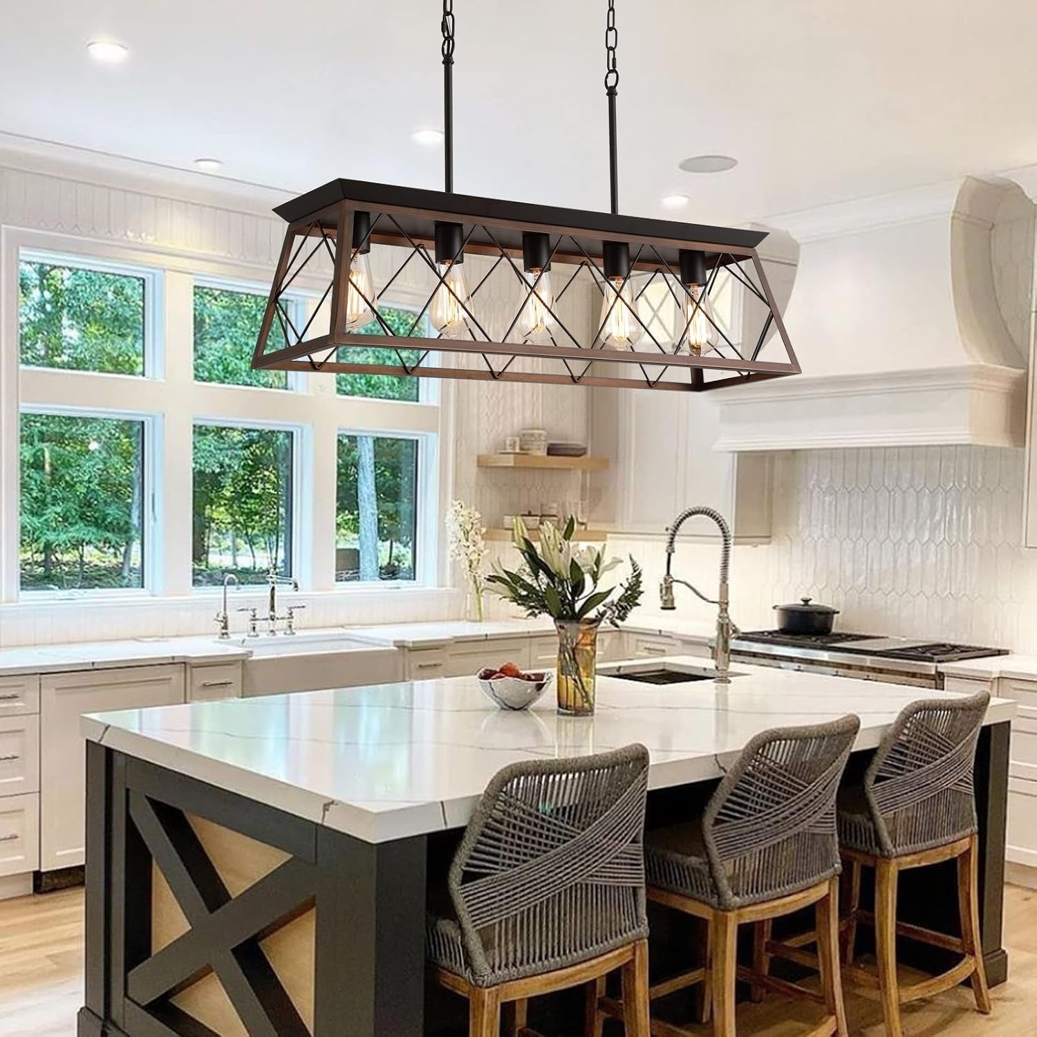 Farmhouse Bronze 5 Light Rectangular Dining Chandelier