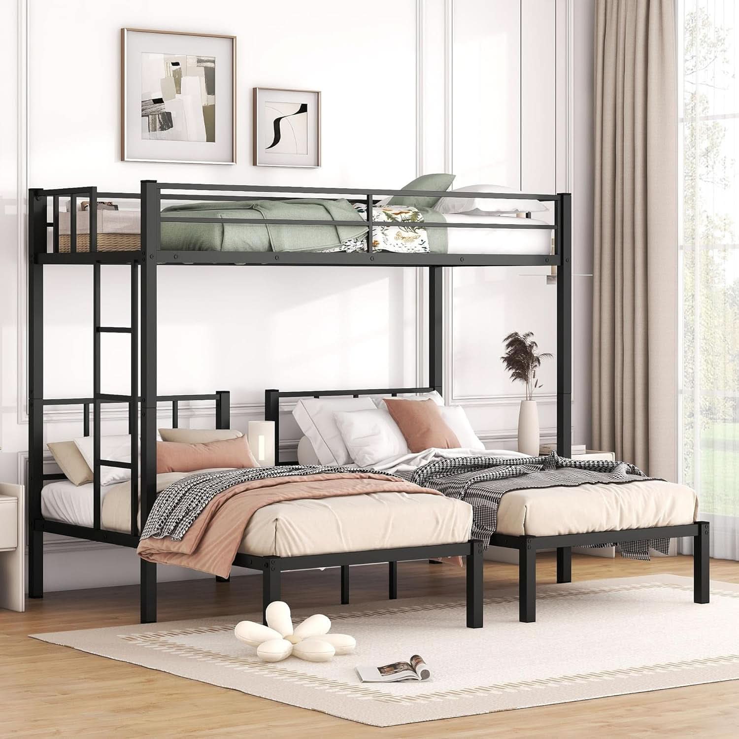 Triple Bunk Bed For Three Kids Built In Desk Black