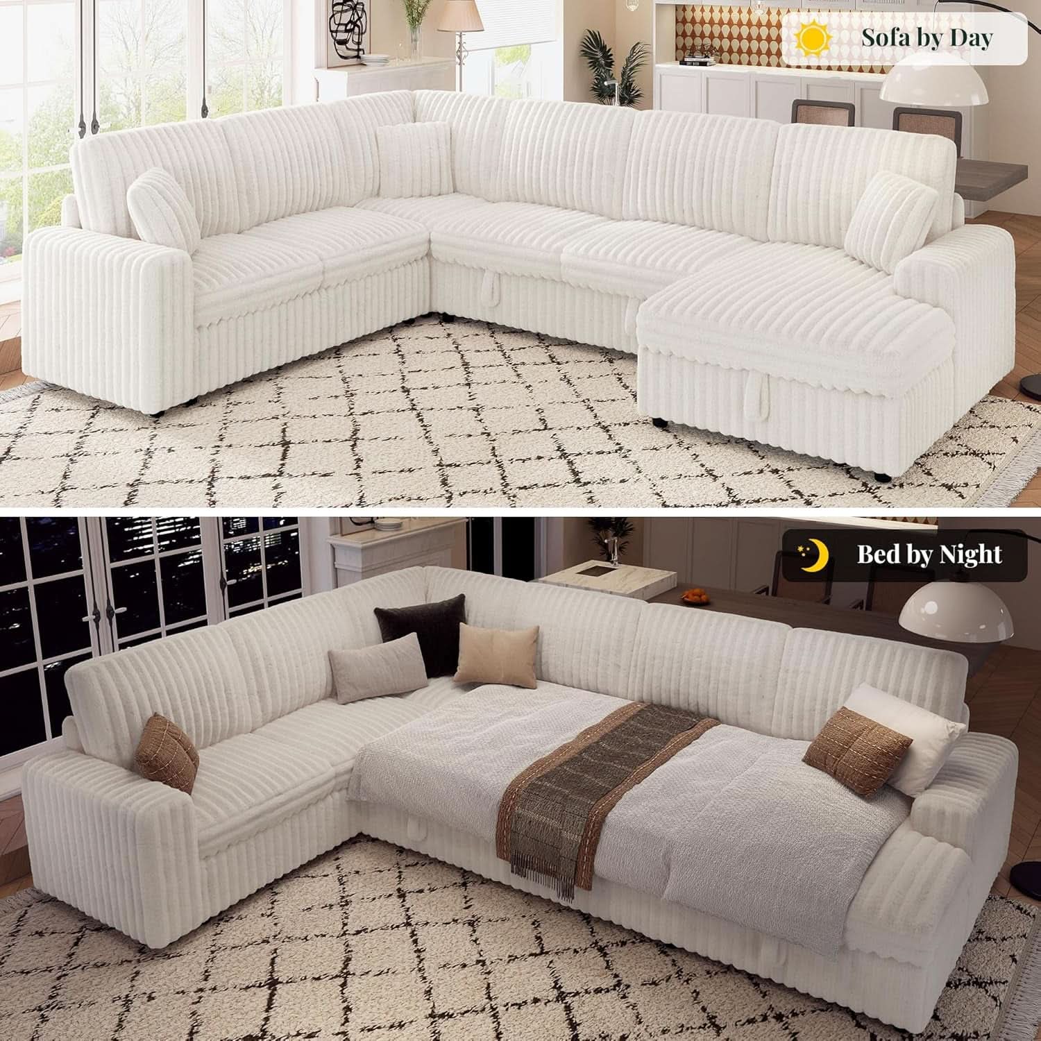 One Hundred Thirty Inch Sleeper Sofa With White Faux Fur