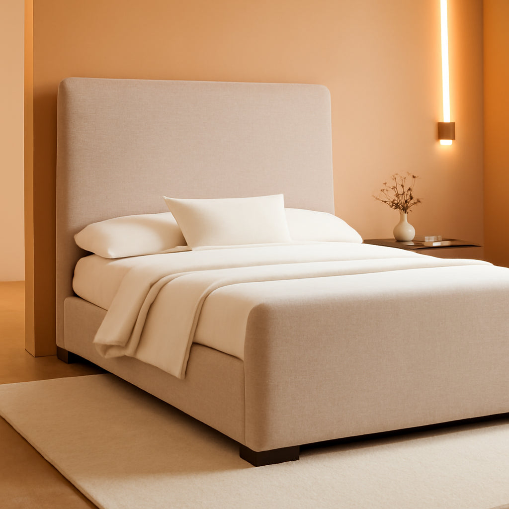 California King Platform Bed Stone Beige Upholstered