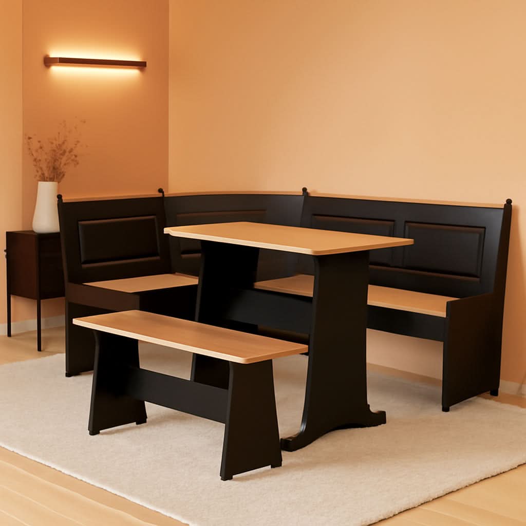 Black Pecan Five Seat Dining Set With Storage Benches