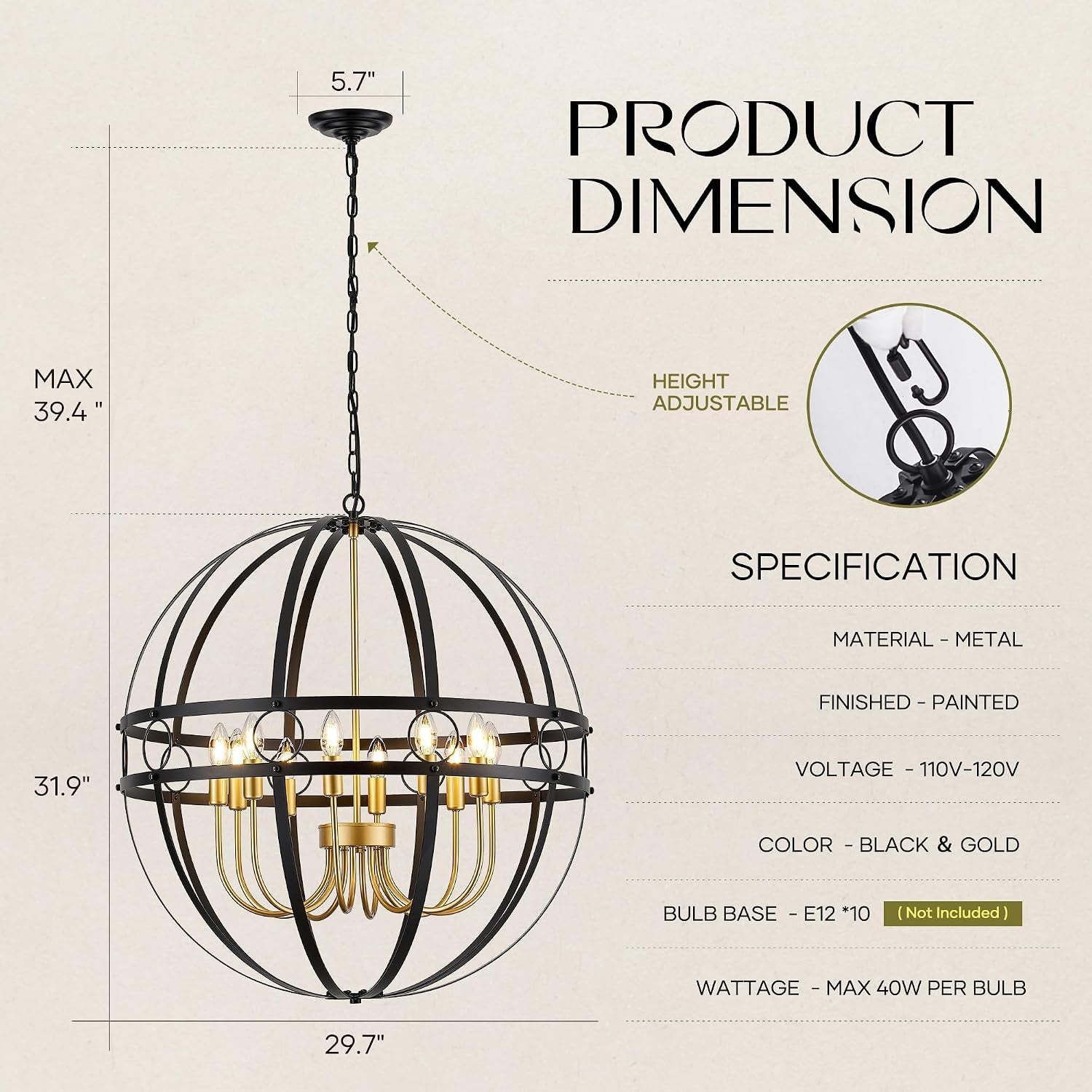 Industrial Black Gold Chandelier Ten Light Pendant