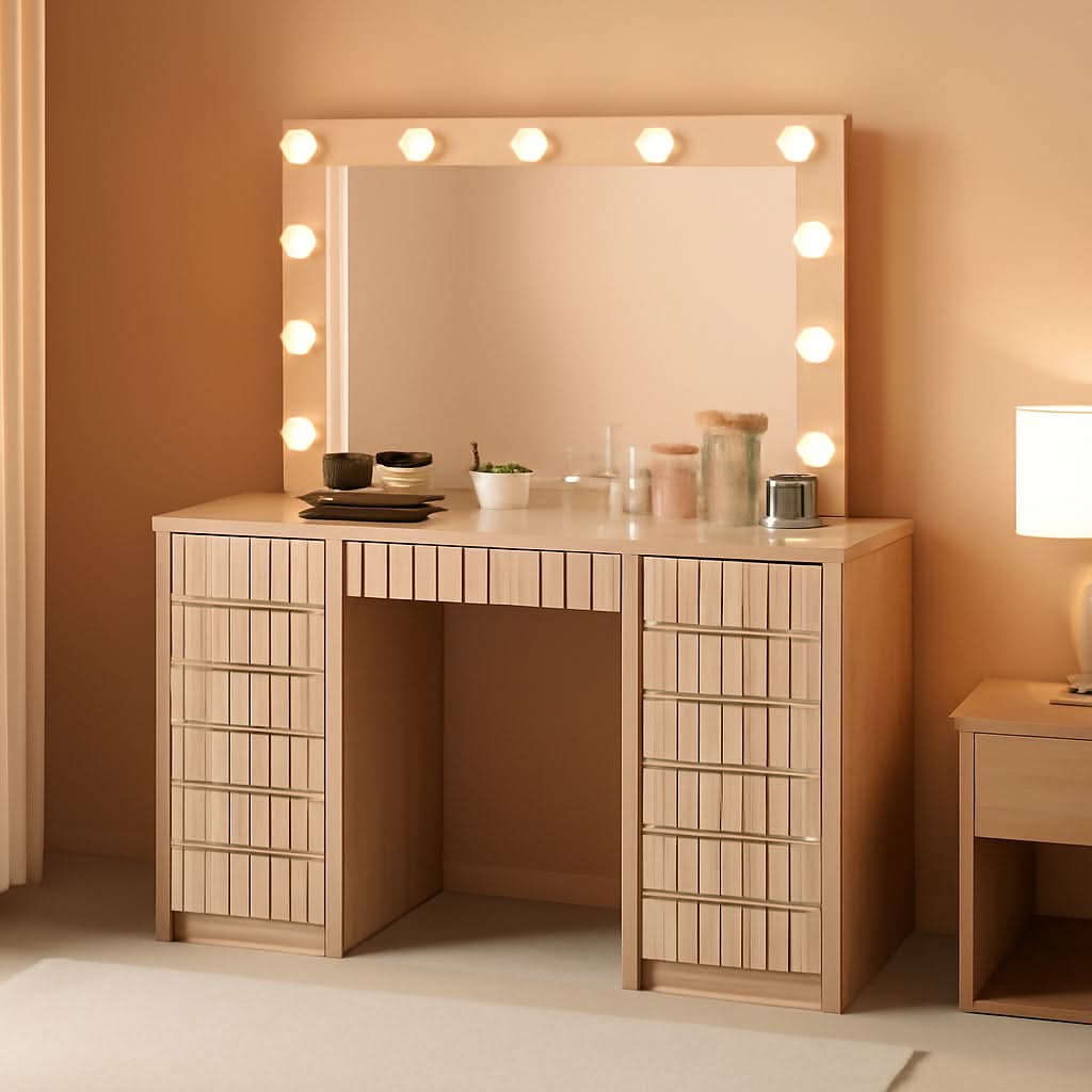 Fluted Makeup Vanity Desk Glass Top Fifteen Drawers LED Natural