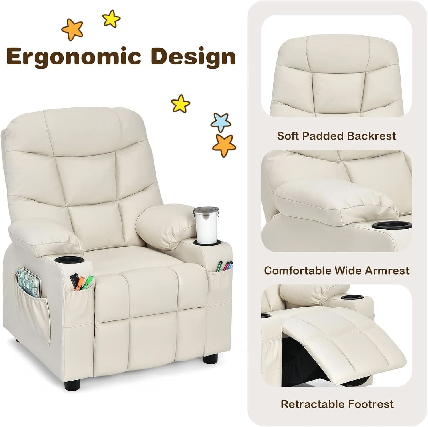 Kids Recliner Chair With Cup Holder And Footrest Beige
