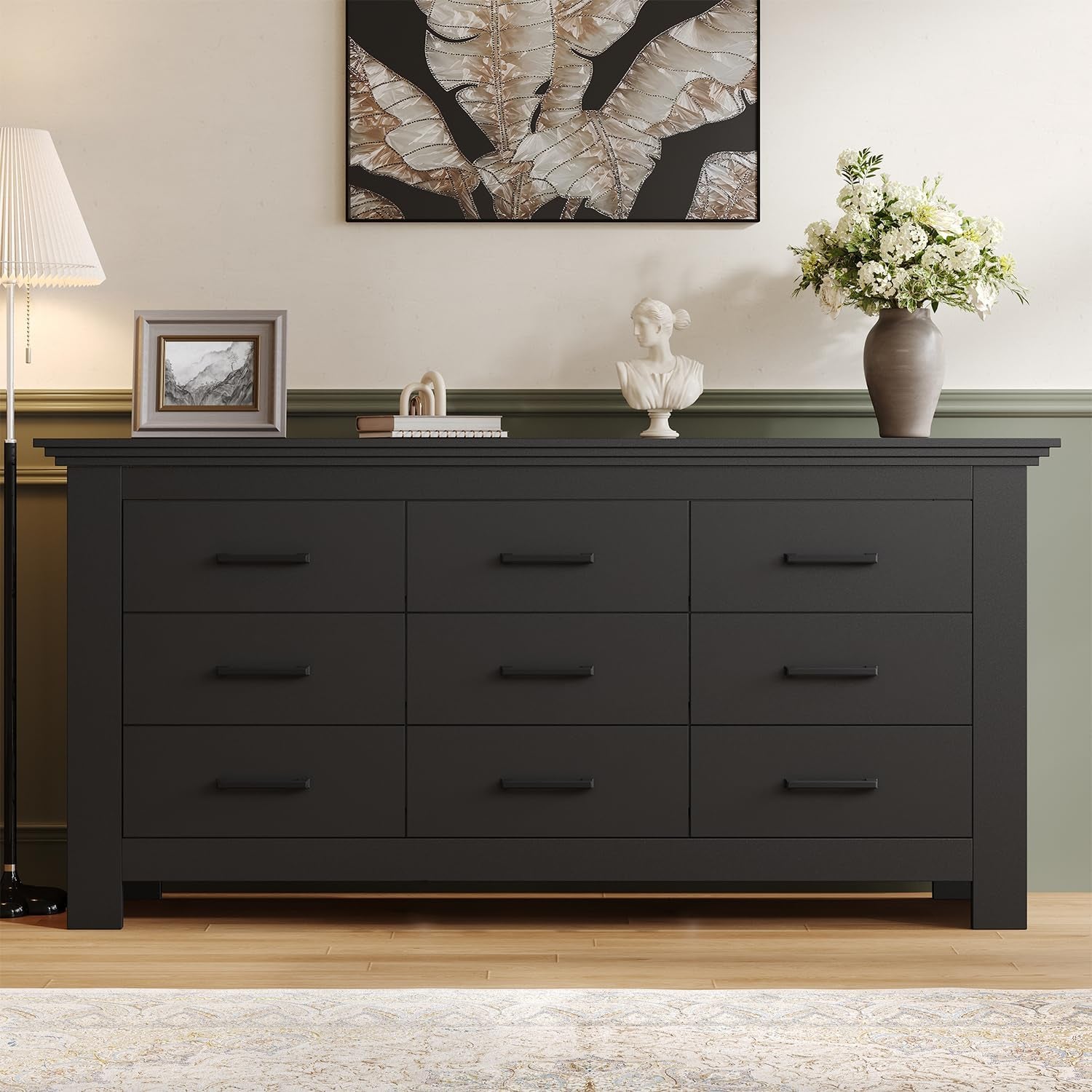 Black Vintage Ornate Solid Wood Dresser With Nine Drawers