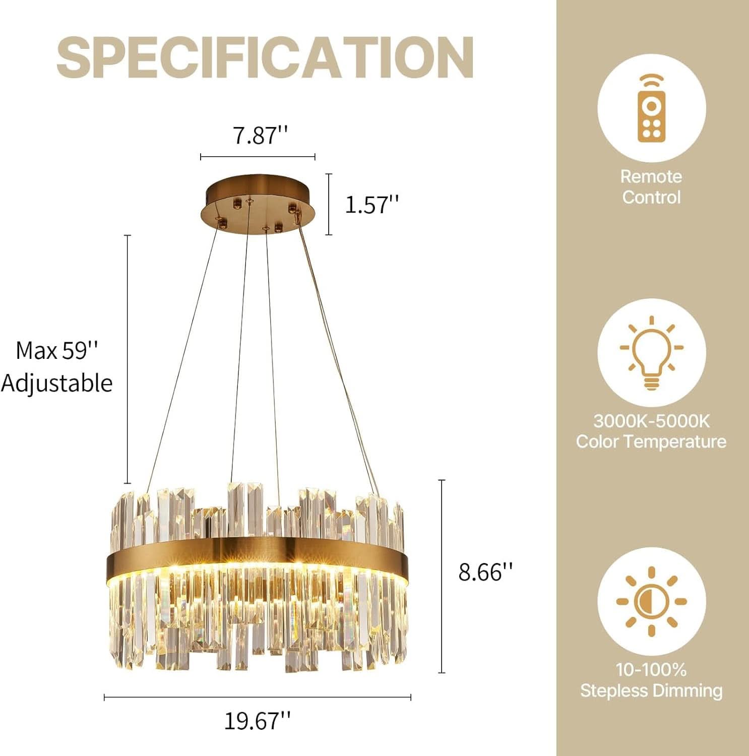 19.7 Inches Dimmable Crystal Pendant Chandelier Gold