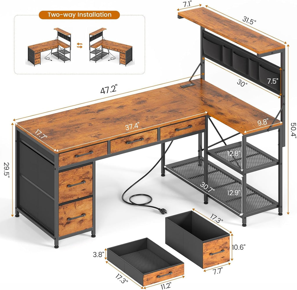 L Shaped Desk 47.2Inch Rustic Brown Work space Solution