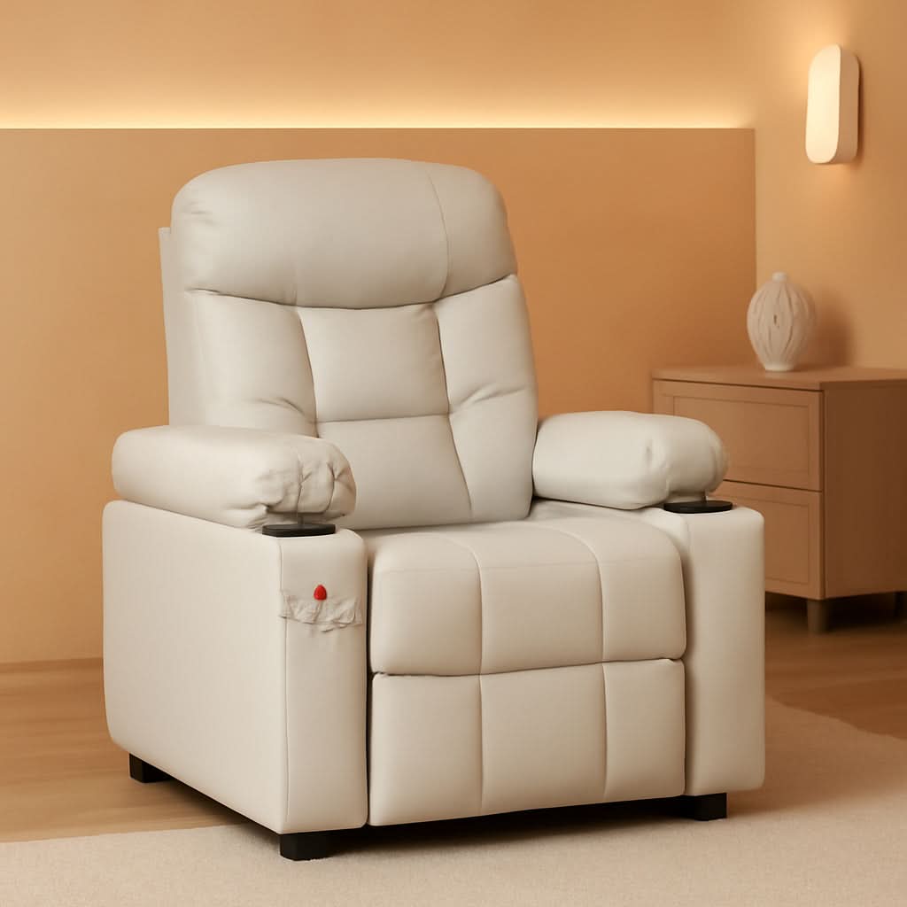 Kids Recliner Chair With Cup Holder And Footrest Beige