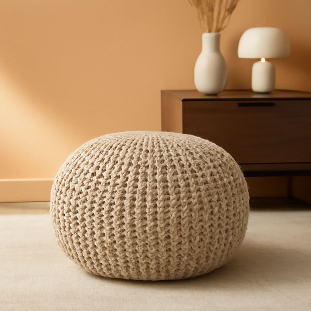 Hand Knitted Tweed Cable Pouf Ottoman, Natural, 20 Inch Diameter