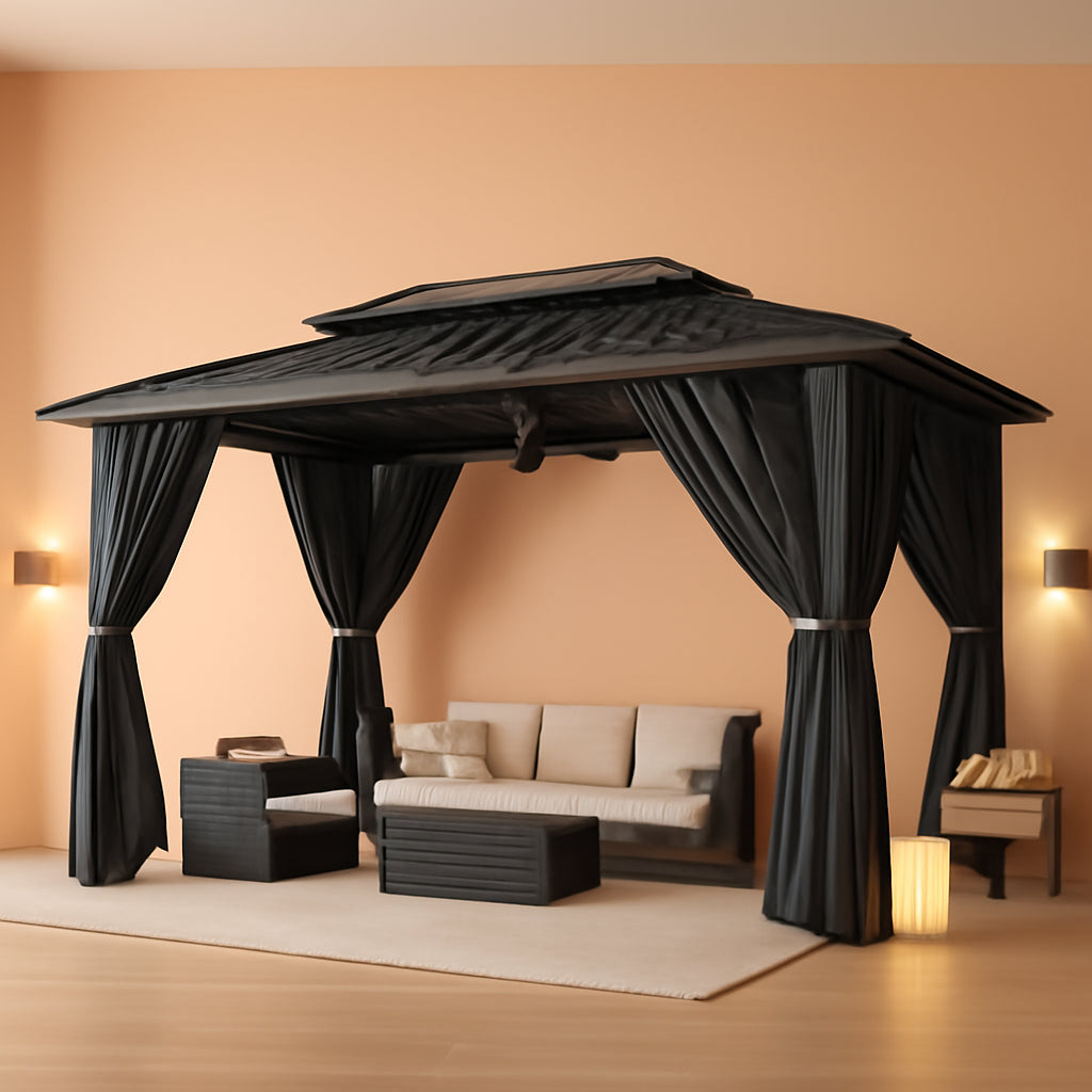 10x15 Black Hardtop Gazebo Equipped Curtains Netting