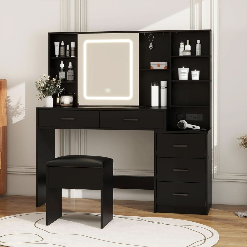 Black Vanity Desk With Large Mirror Illumination Mode