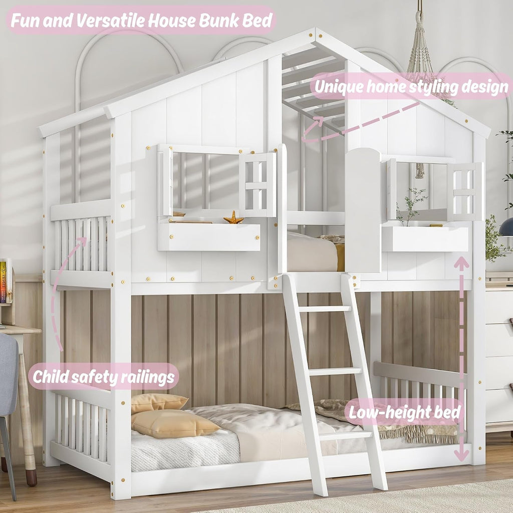 White Solid Wood Playhouse Bunk Bed Twin Over Twin With Roof Kids