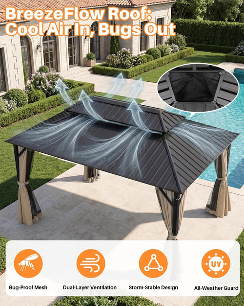 10x12 Hardtop Aluminum Gazebo With Netting Sandstone
