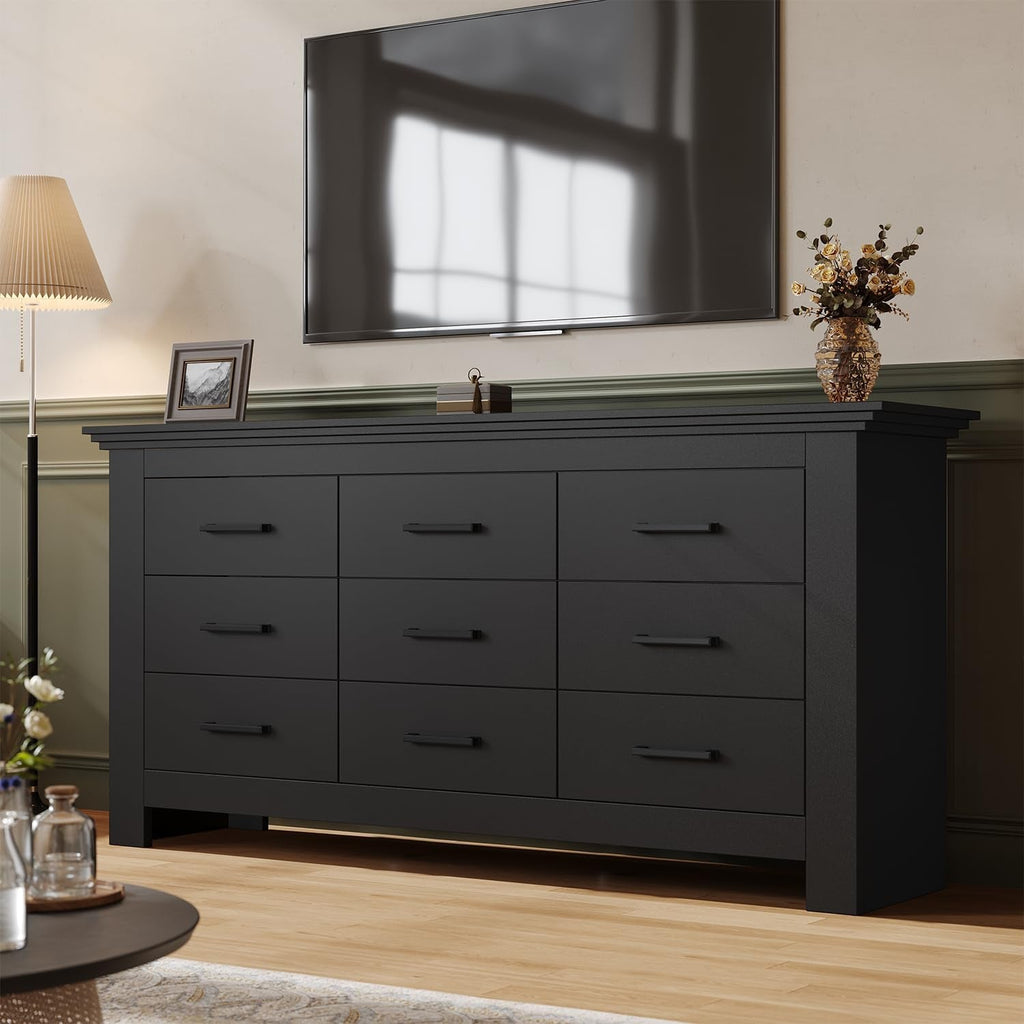 Black Vintage Ornate Solid Wood Dresser With Nine Drawers