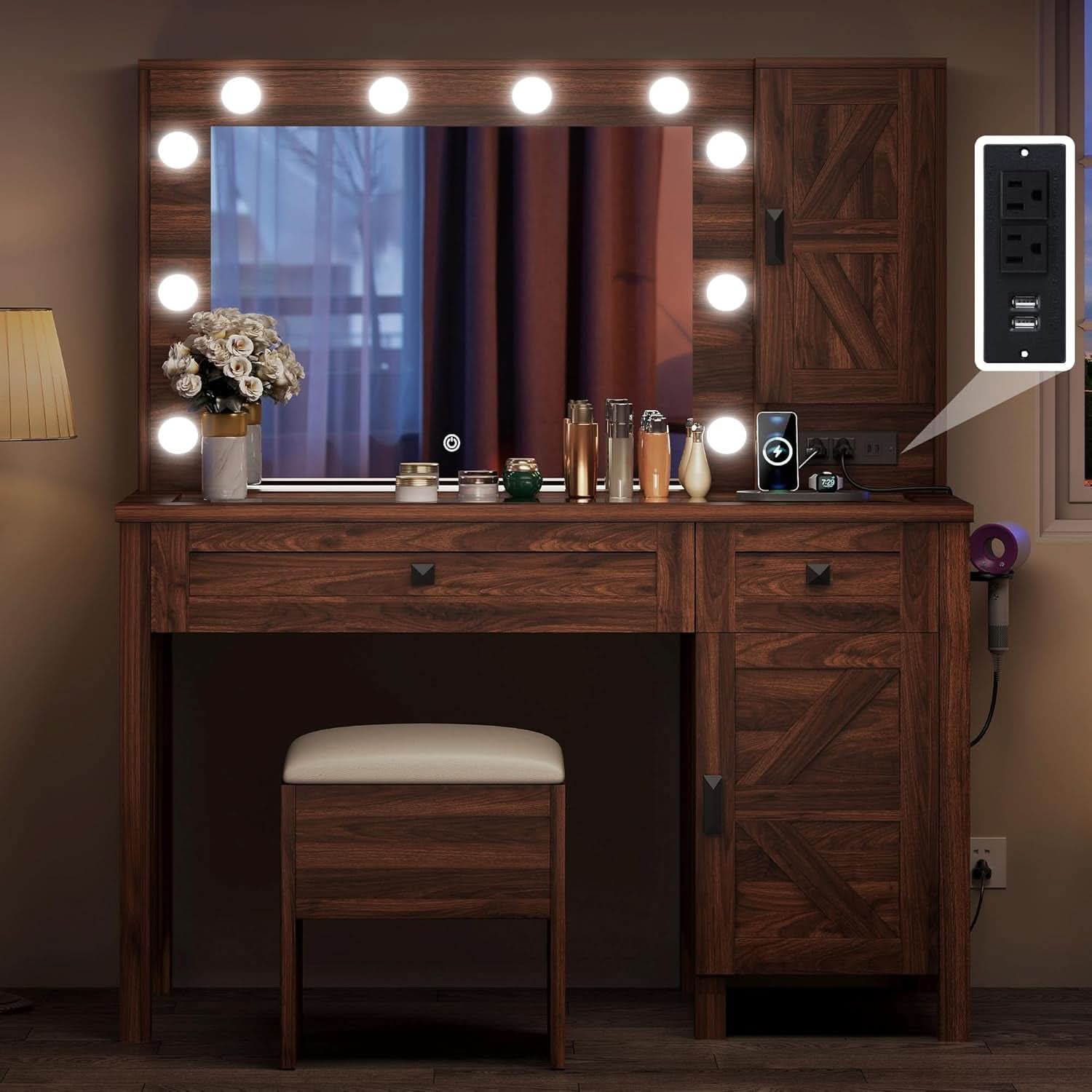 Contemporary Rustic Brown Vanity Desk With Lighting