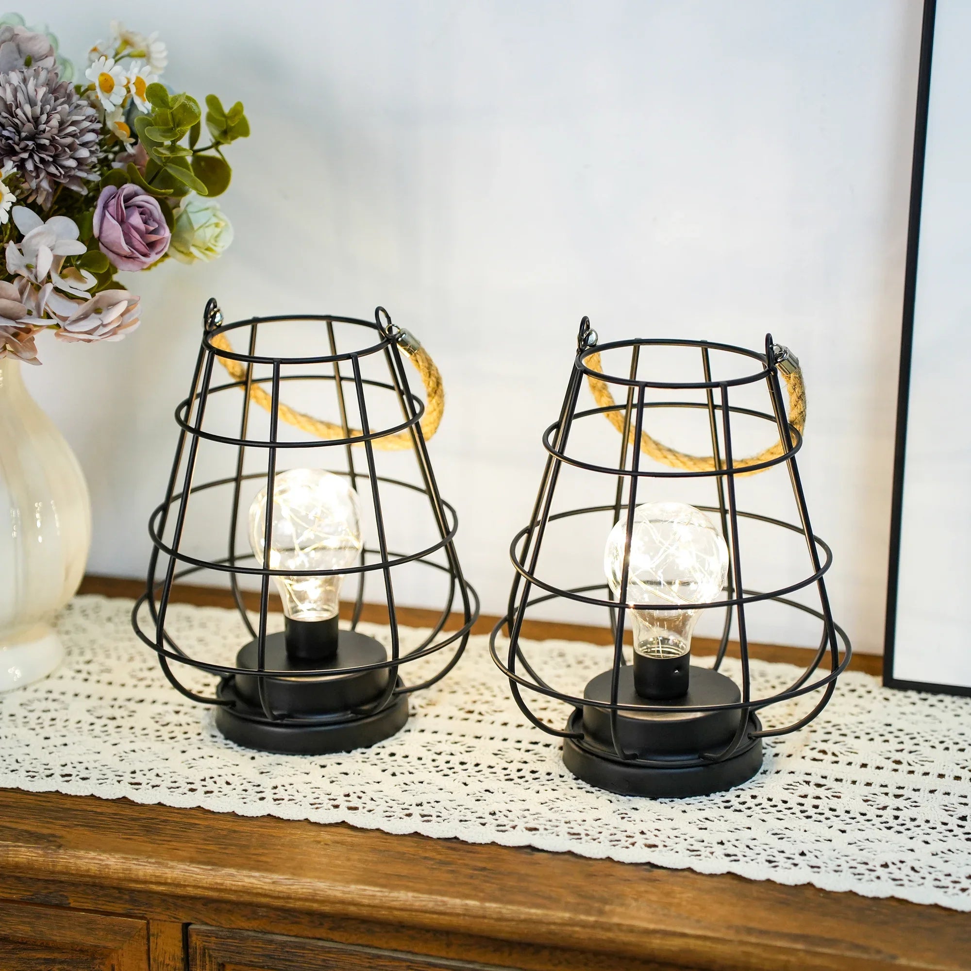 Set of 2 Cage Bulb Lantern Decorative Table Lamps