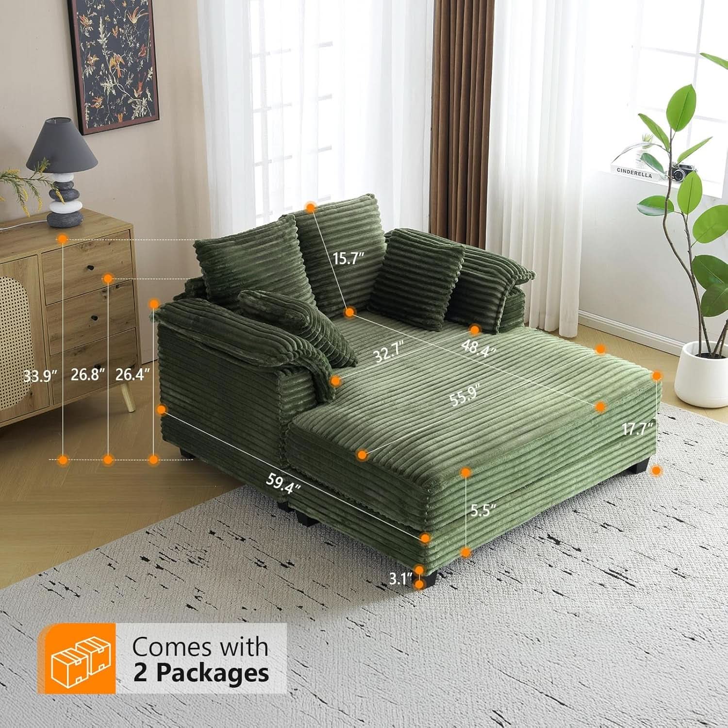 56-Inch Oversized Corduroy Lounge Chair With Armrests