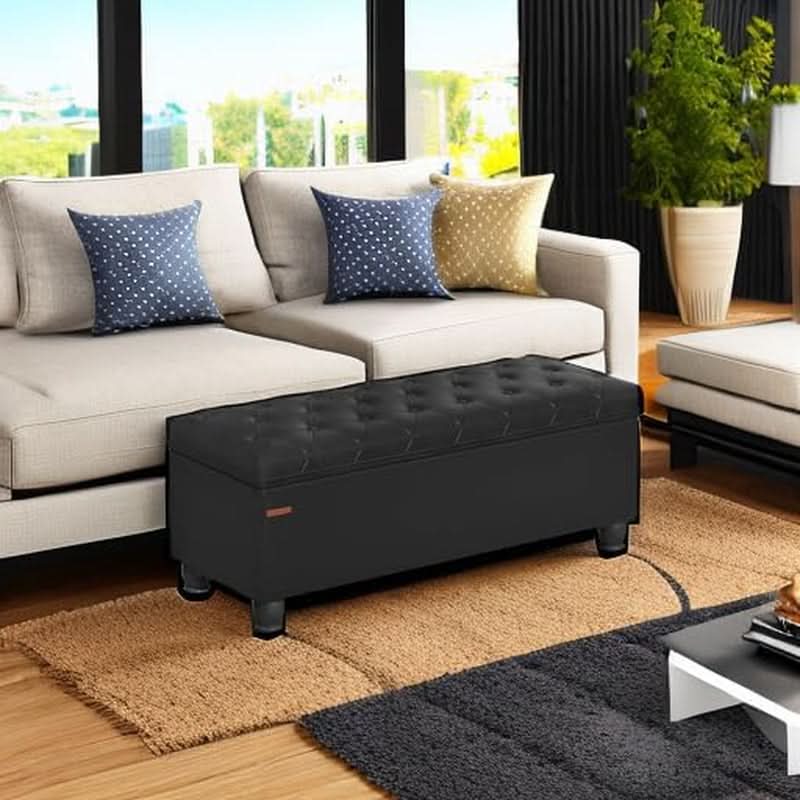 Executive Black Leather Storage Ottoman Bench 46 Inches