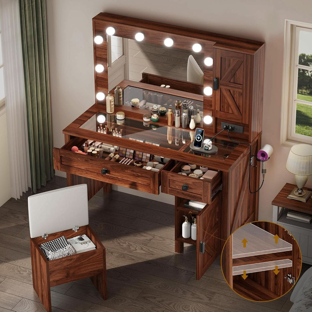 Contemporary Rustic Brown Vanity Desk With Lighting