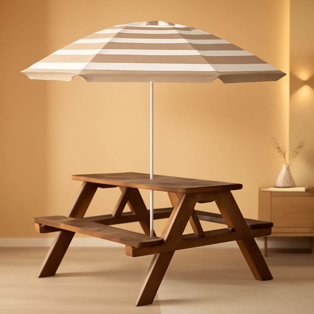 Walnut Wooden Kids Picnic Table With Adjustable Umbrella