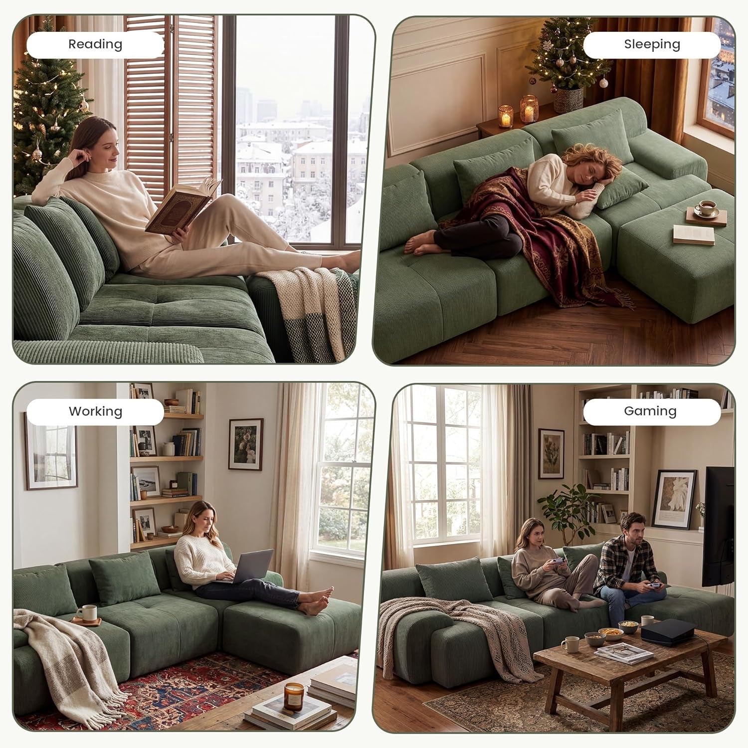Green Corduroy 108 Inch Luxurious Sectional Sofa Set