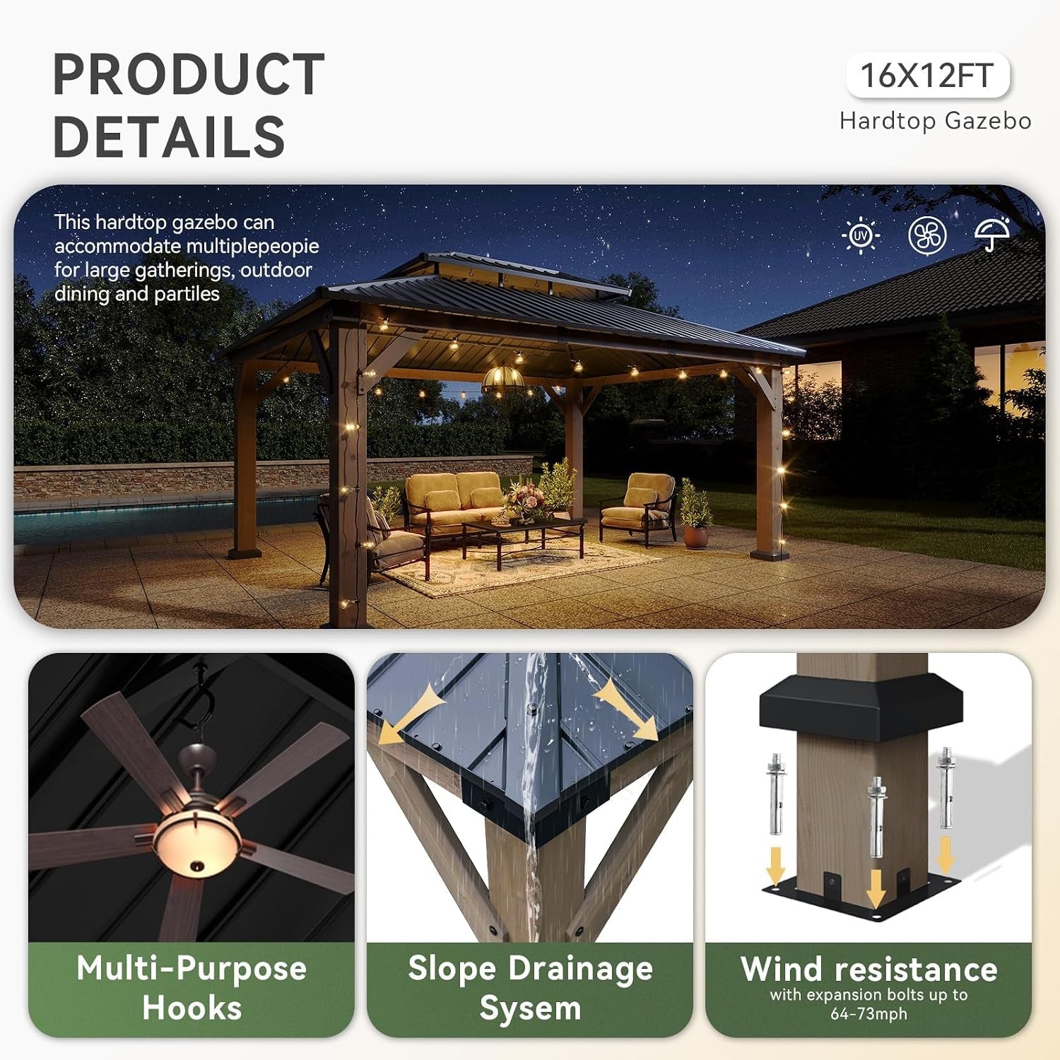 12x16 Outdoor Cedarwood Gazebo Grey Hardtop Pavilion
