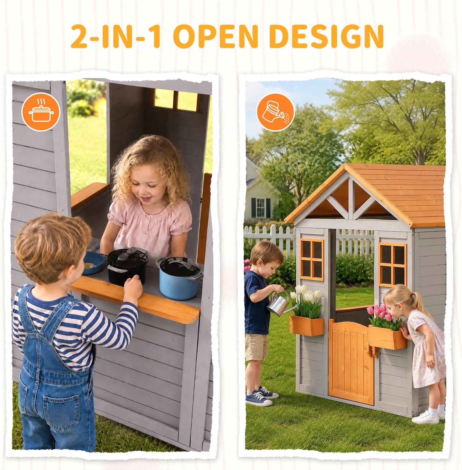 Wooden Kids Playhouse With Brown Weatherproof Kitchen