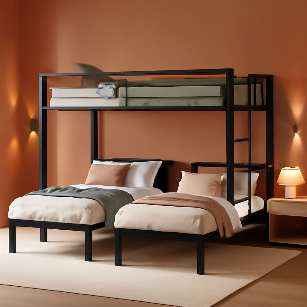 Triple Bunk Bed For Three Kids Built In Desk Black