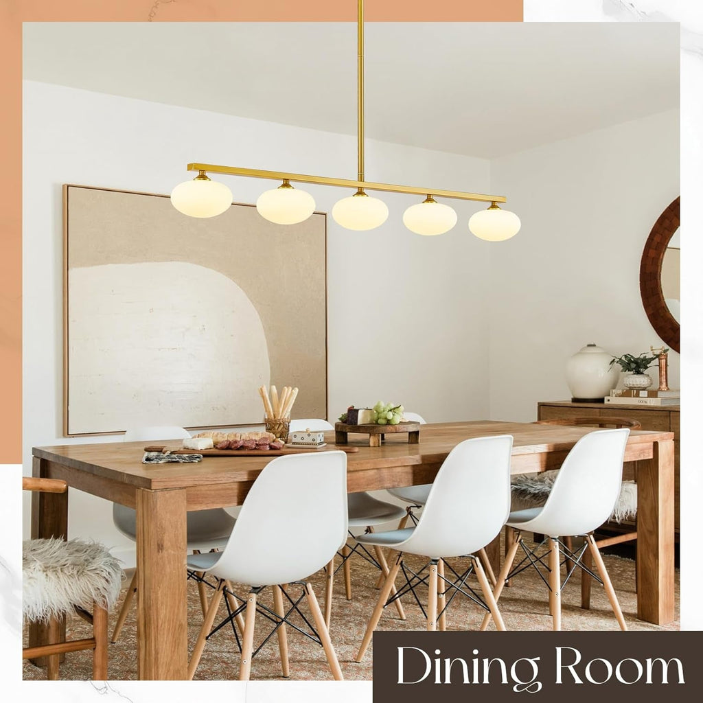 Golden Linear Midcentury Chandelier Quintuple Globes