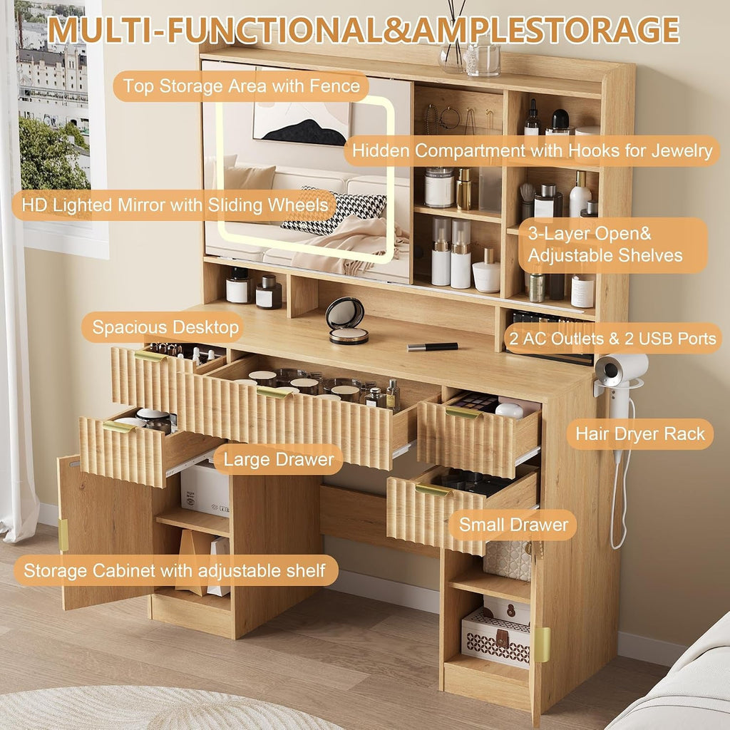 Makeup Vanity Desk Natural Oak Mirror Illumination