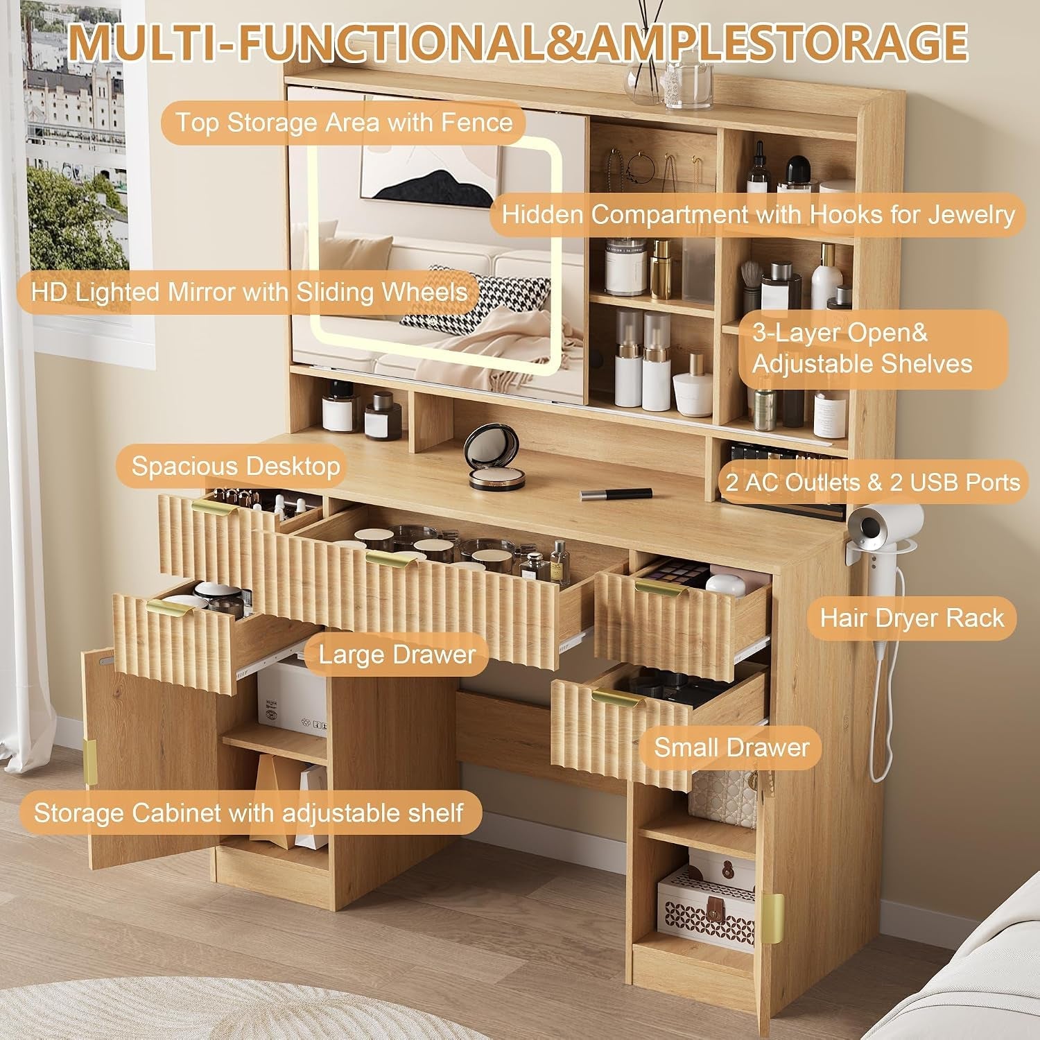 Makeup Vanity Desk Natural Oak Mirror Illumination