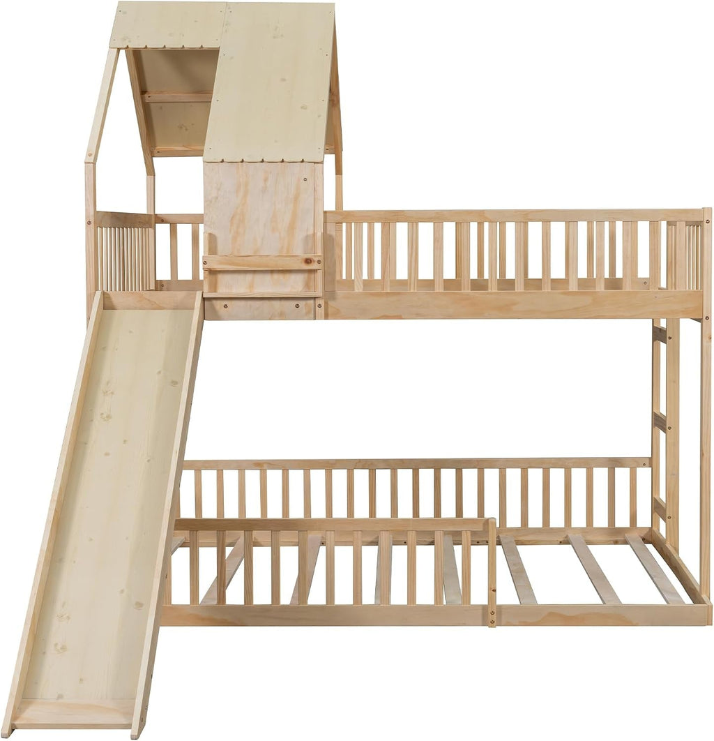 Natural Solid Wood Extra Large Over Queen Bunk Bed Slide