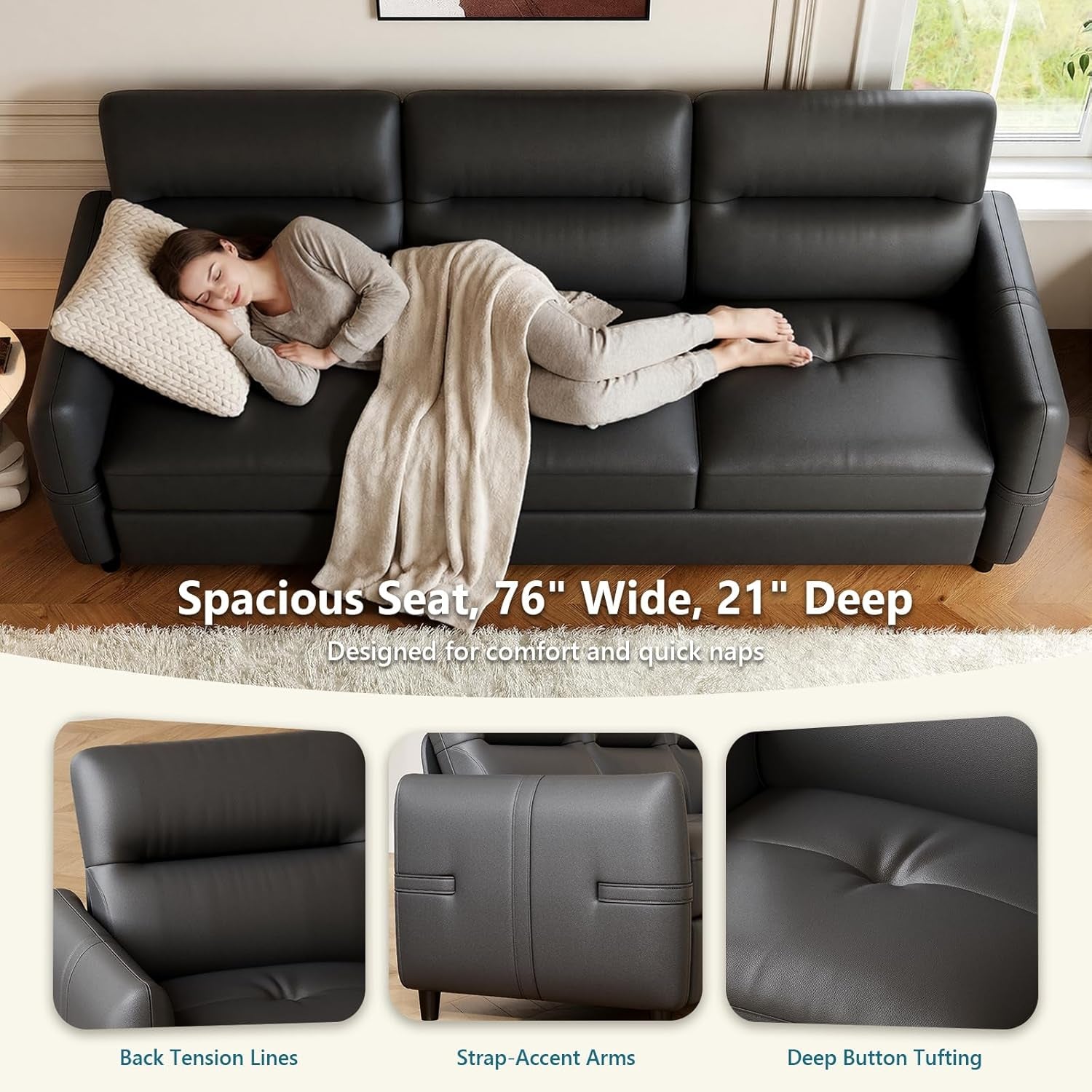 85Inch Black Faux Leather Executive Sofa USB Charging Ports