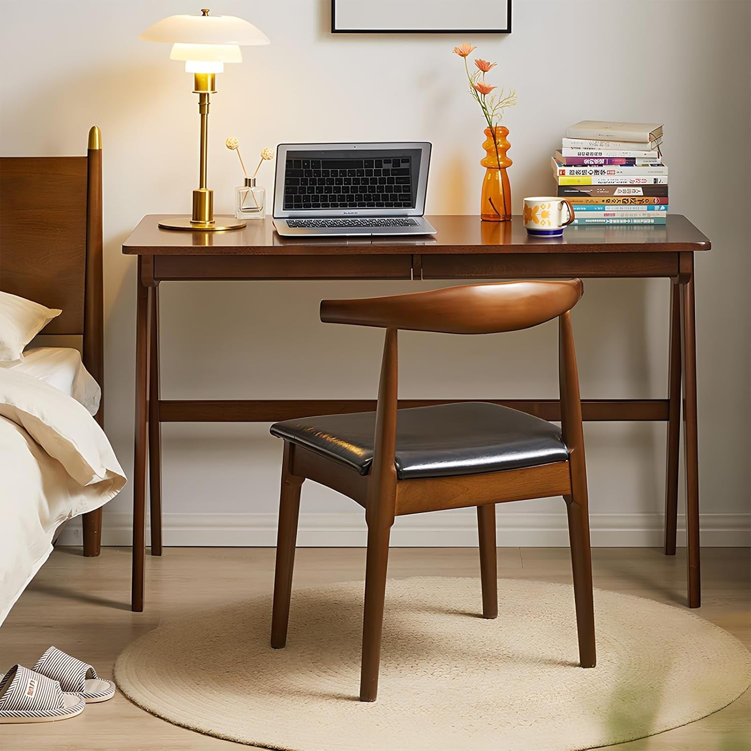 Walnut Solid Wood Computer Workstation With Drawers
