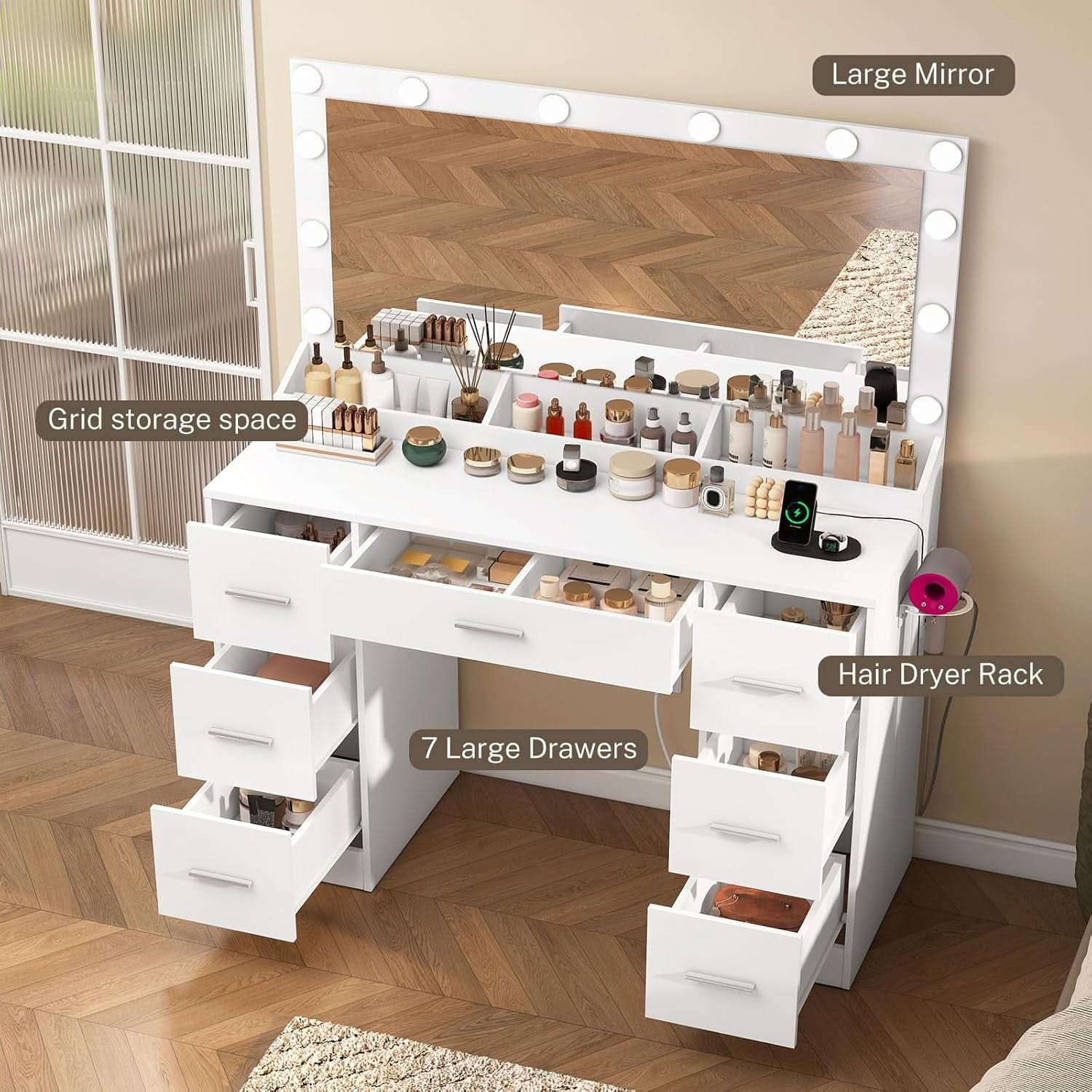 White Vanity Desk With Adjustable Illuminated Mirror
