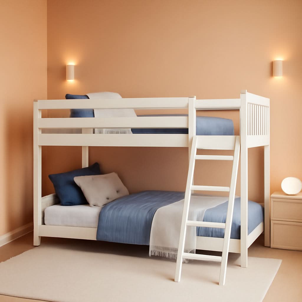 White Twin Low Bunk Bed Solid Wood Frame For Kids Safe
