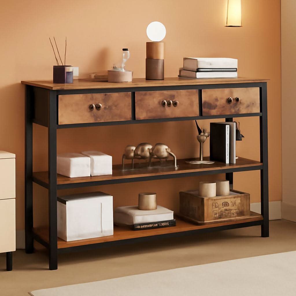 47-Inch Rustic Brown Console Table with 3 Drawers and Storage Shelves