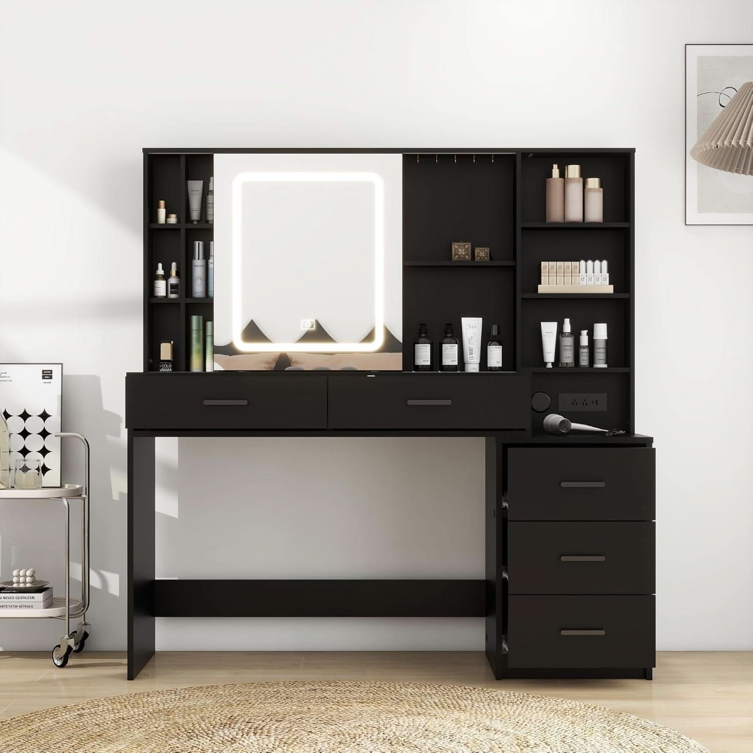 Black Vanity Desk With Large Mirror Illumination Mode