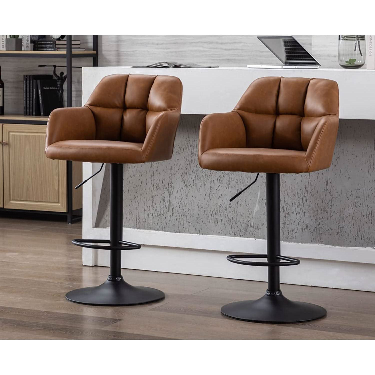 Modern Leather Swivel Bar Stool With Backrest And Armrests