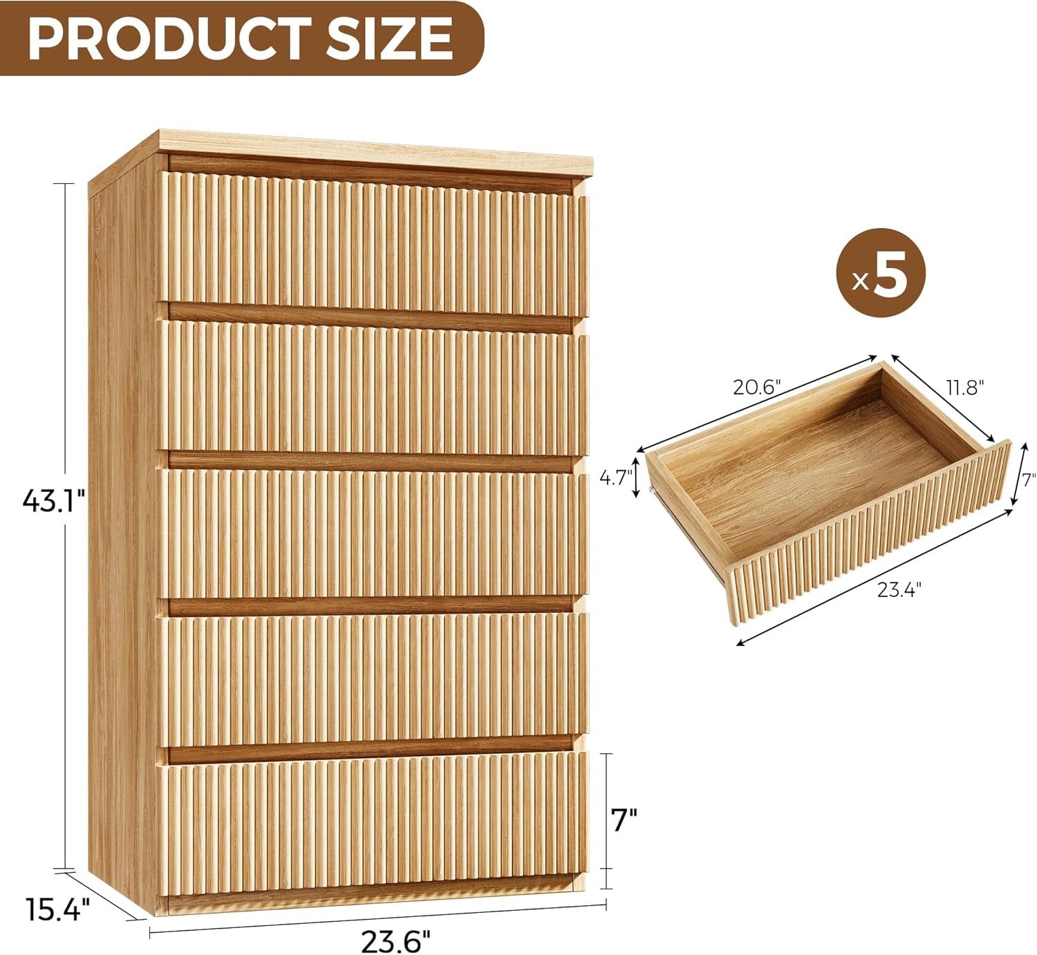 Elegant Oak Fluted Five Drawer Dresser Tall Unit Pro Series