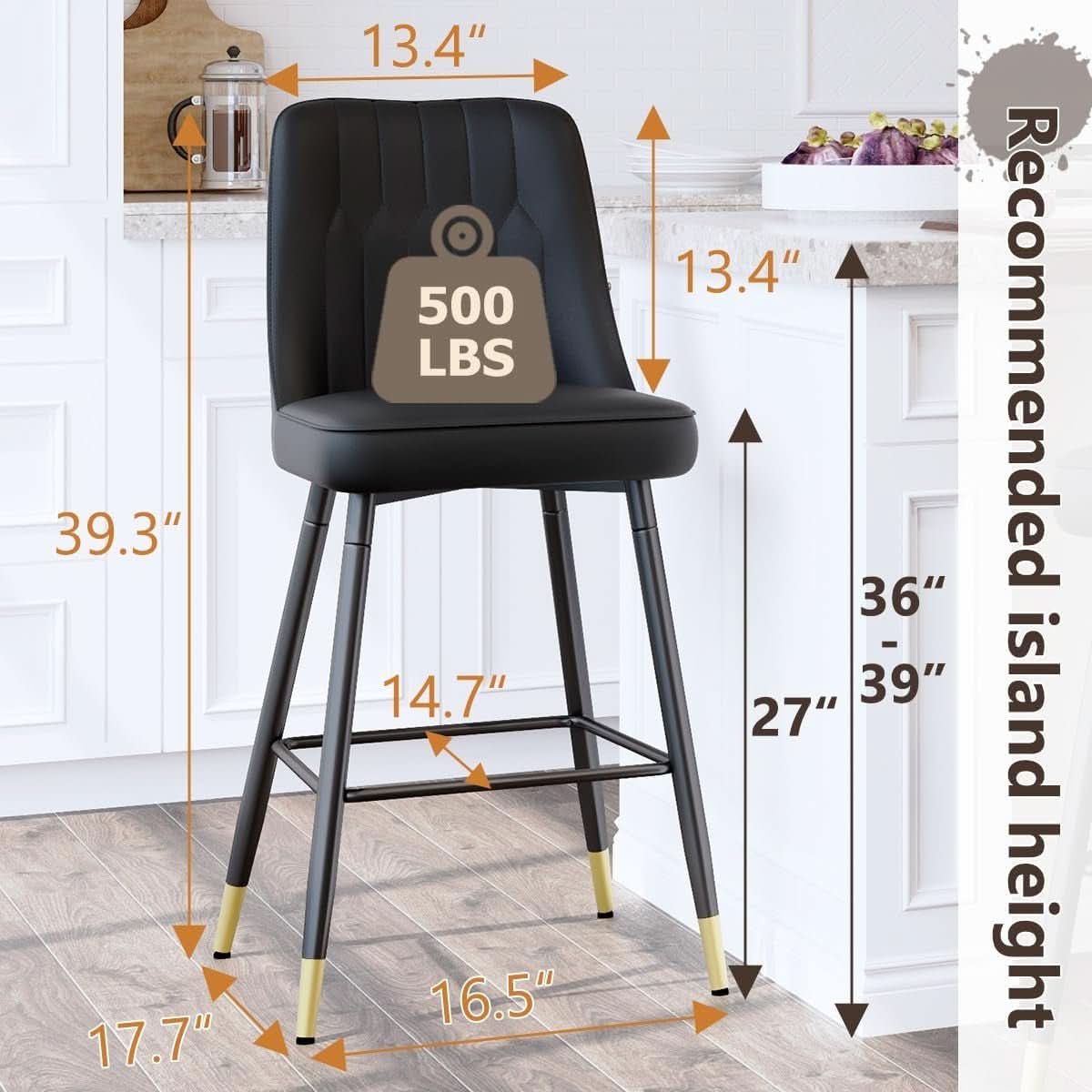 27 Inch Black Counter Height Bar Stool Set With Back Faux Leather