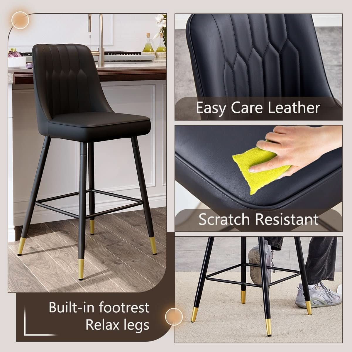 27 Inch Black Counter Height Bar Stool Set With Back Faux Leather